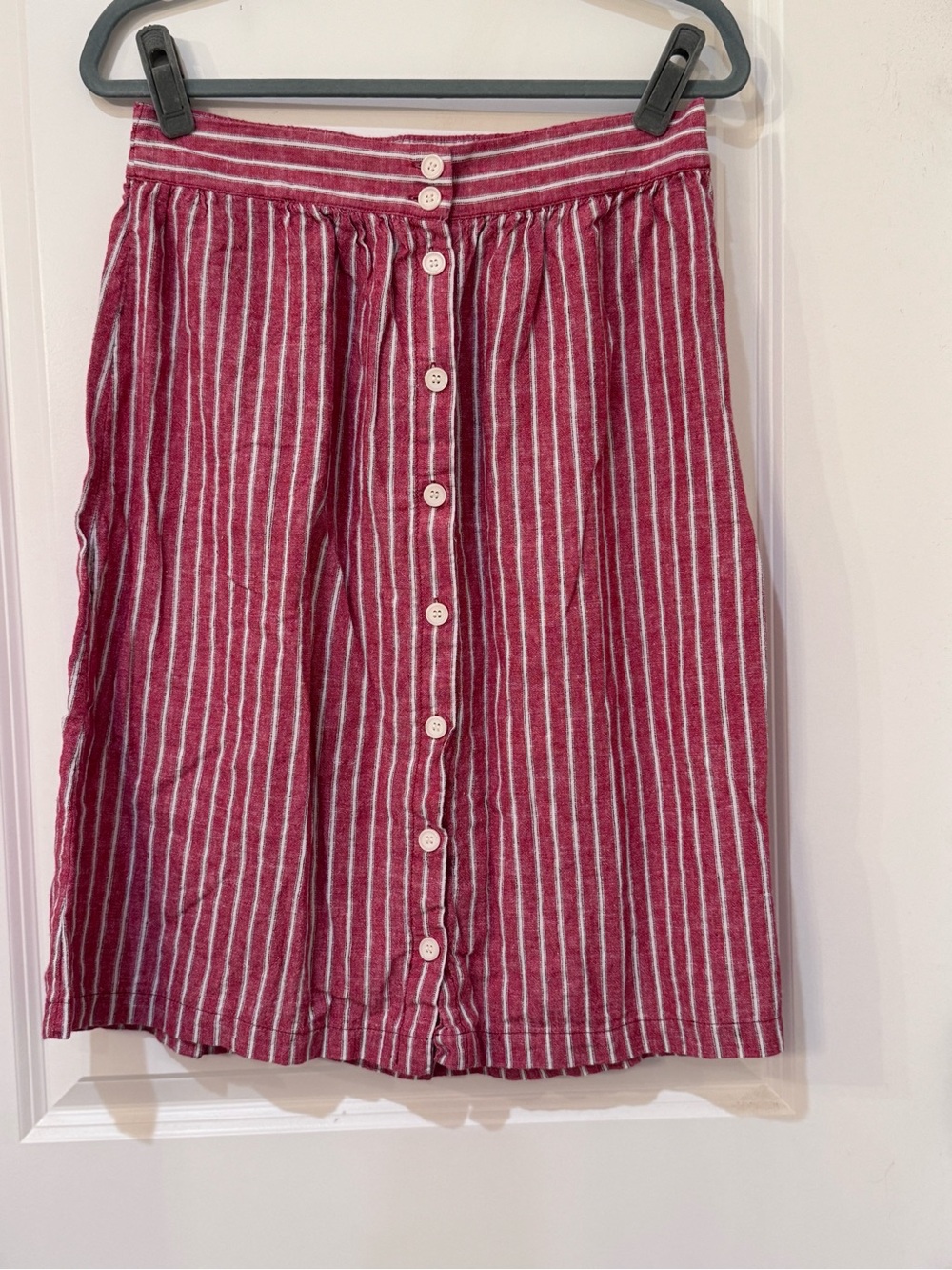 Max Studio Red and White Striped Button-Front Midi Skirt